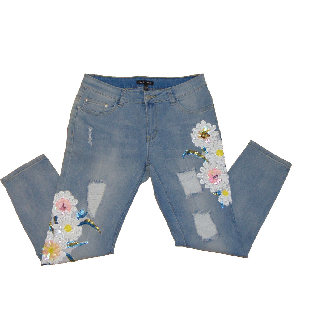 Juliette Sequin Floral Design Women's Light Blue Jeans Size 8